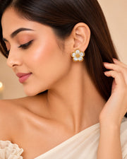 White Floral Gold Stud Earrings