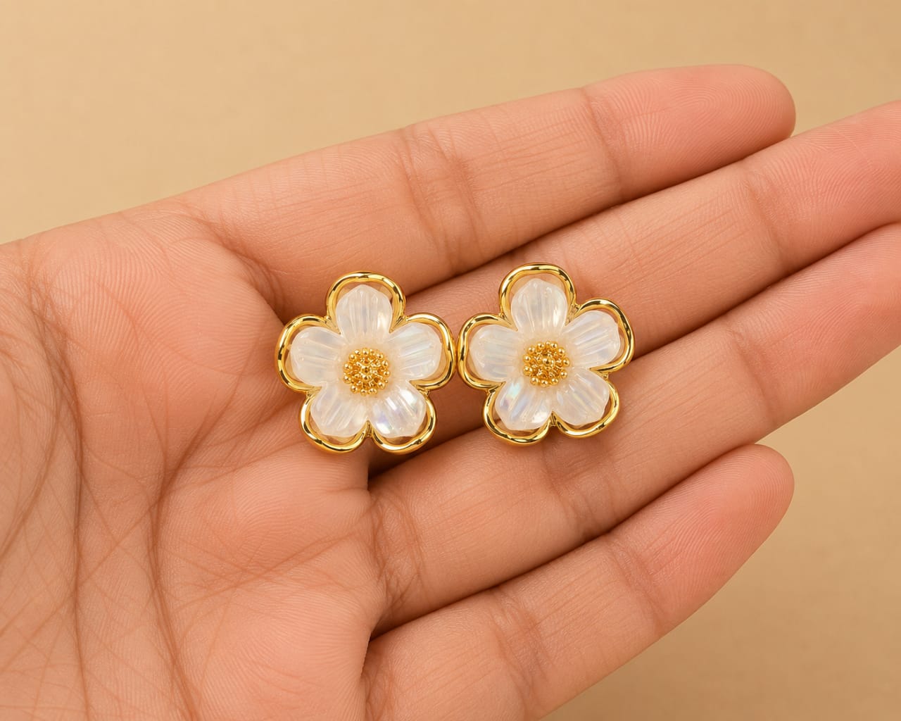 White Floral Gold Stud Earrings