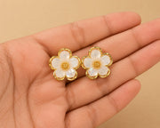White Floral Gold Stud Earrings