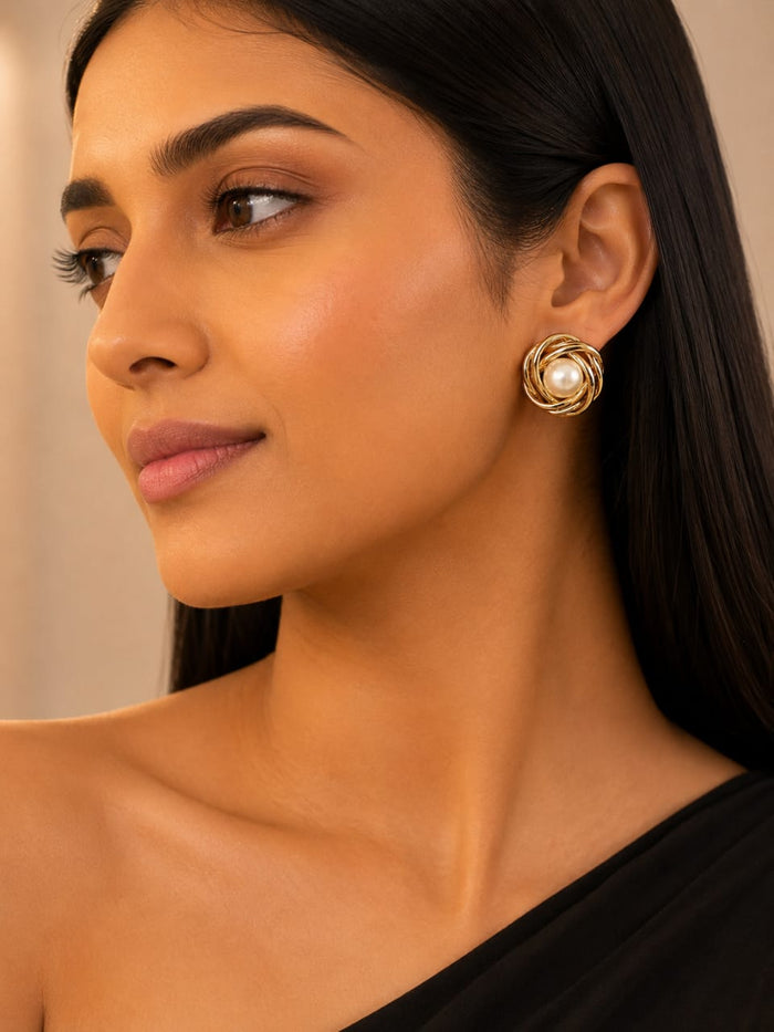 Gold Pearl Swirl Stud Earrings