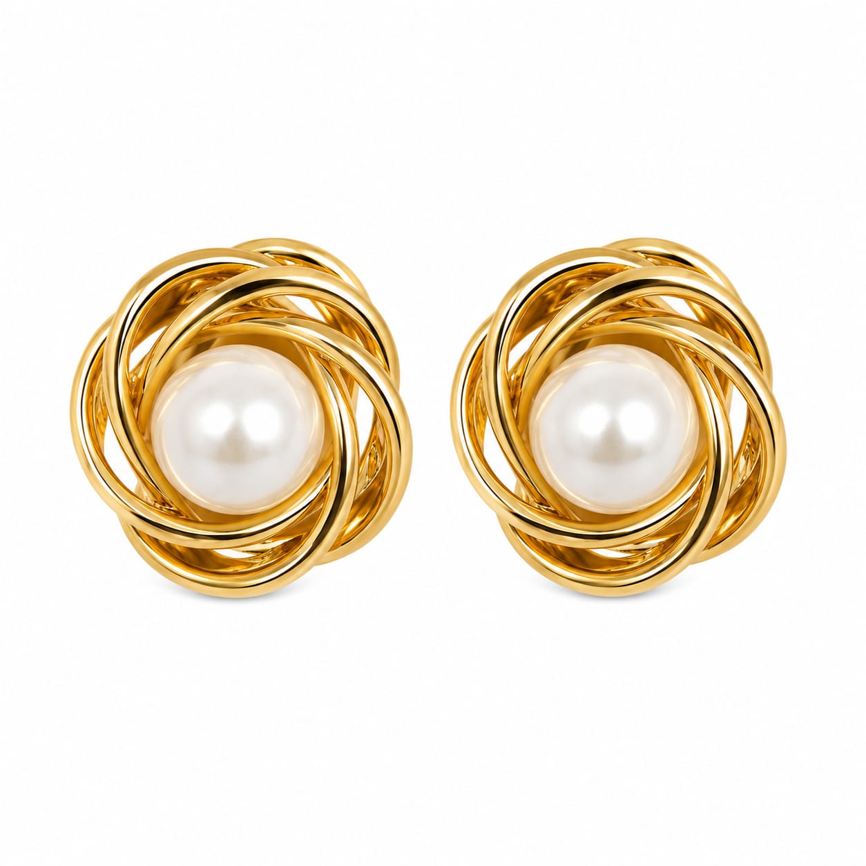 Gold Pearl Swirl Stud Earrings