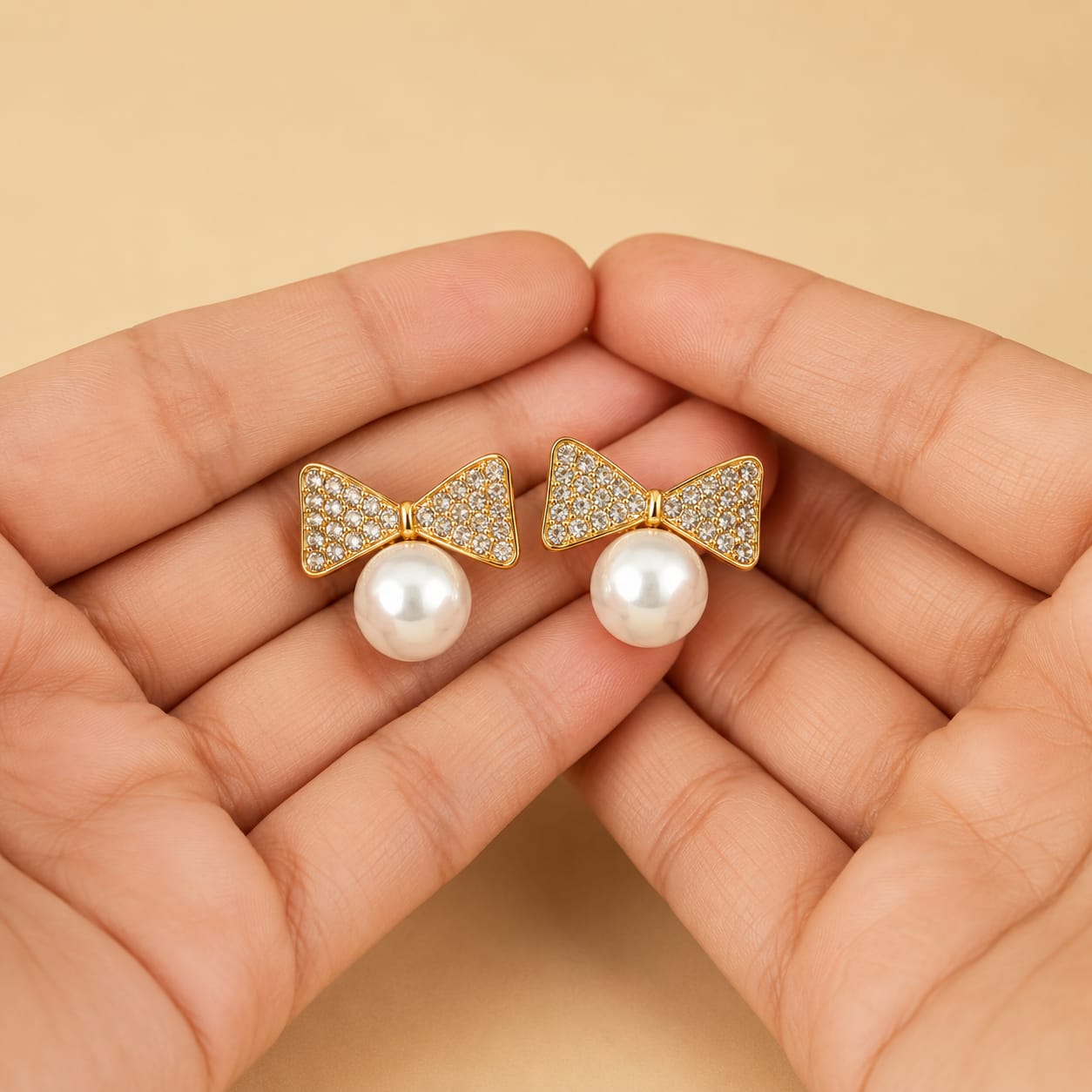 Crystal Bow Pearl Stud Earrings