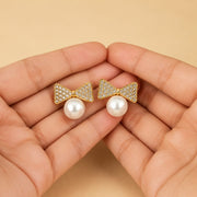 Crystal Bow Pearl Stud Earrings