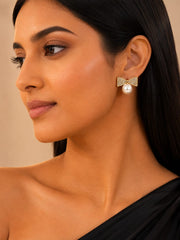 Crystal Bow Pearl Stud Earrings