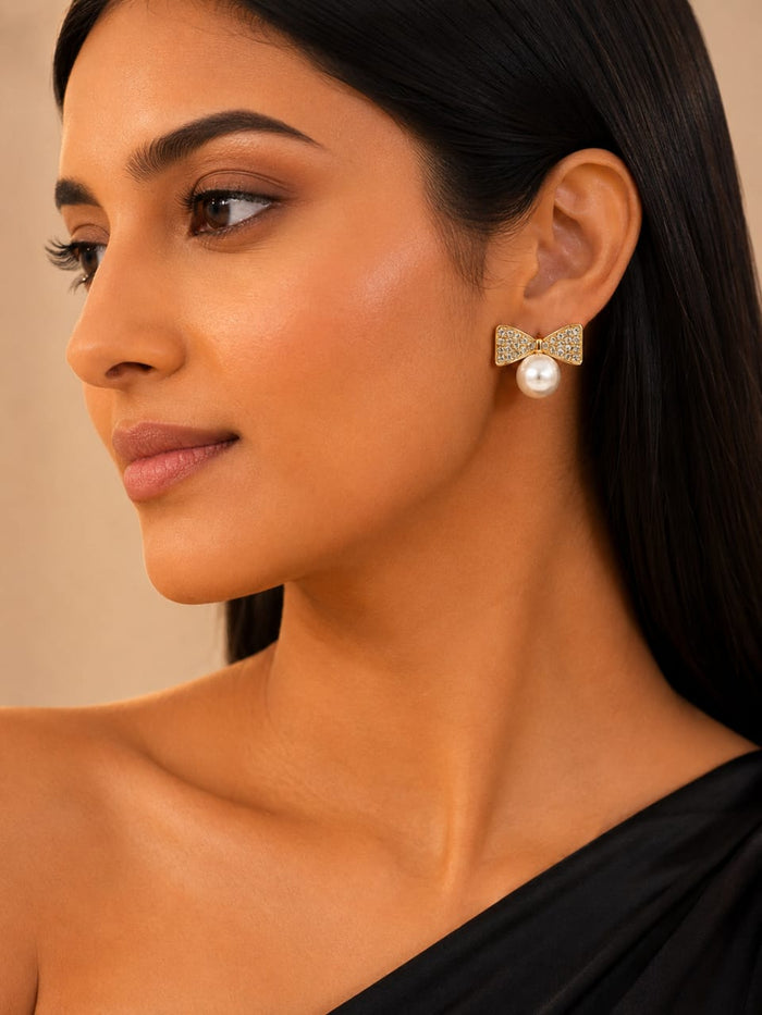Crystal Bow Pearl Stud Earrings