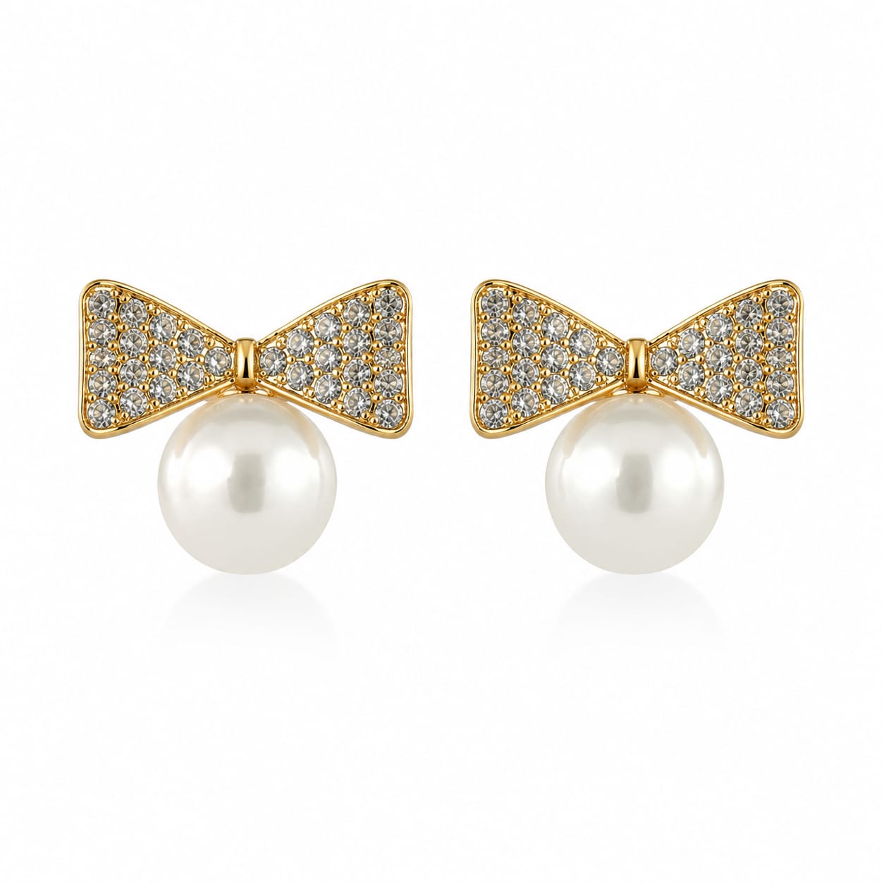 Crystal Bow Pearl Stud Earrings
