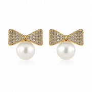 Crystal Bow Pearl Stud Earrings