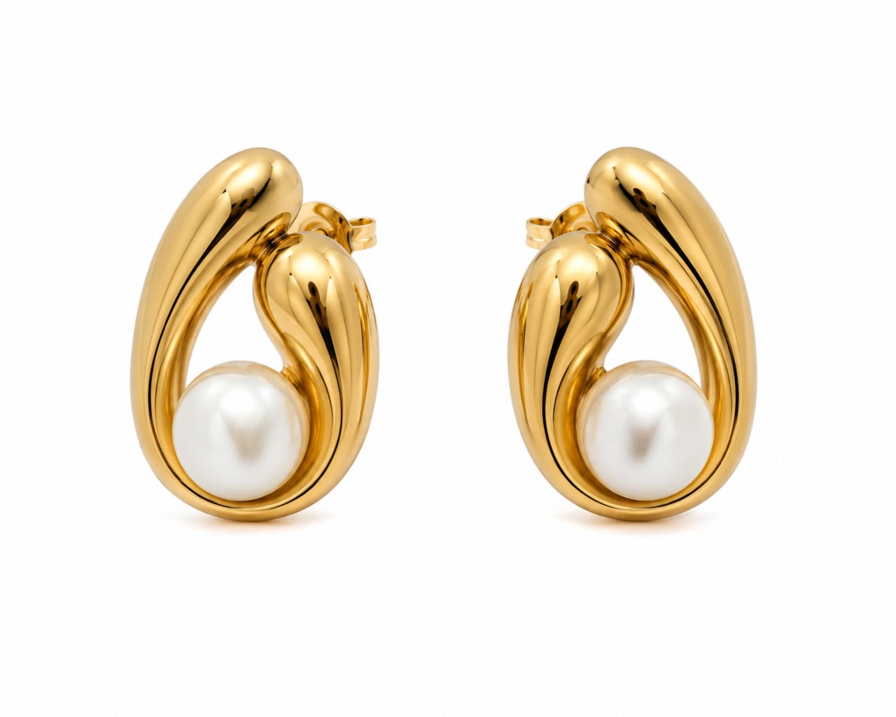Gold Pearl Loop Stud Earrings
