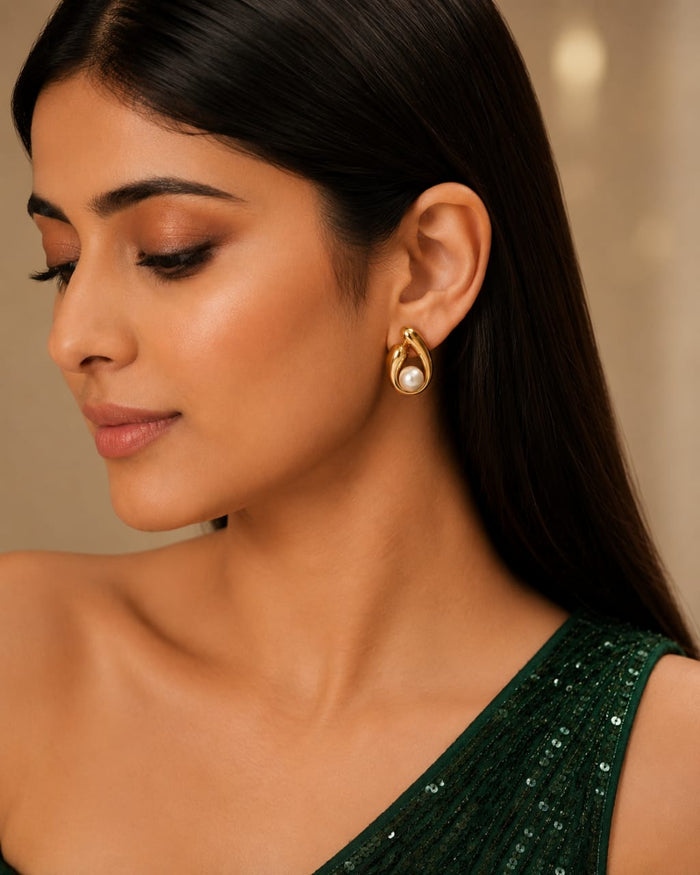 Gold Pearl Loop Stud Earrings