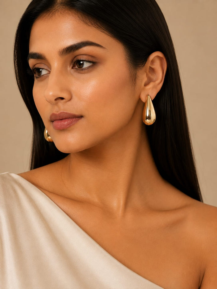 Glossy Gold Teardrop Hoop Earrings
