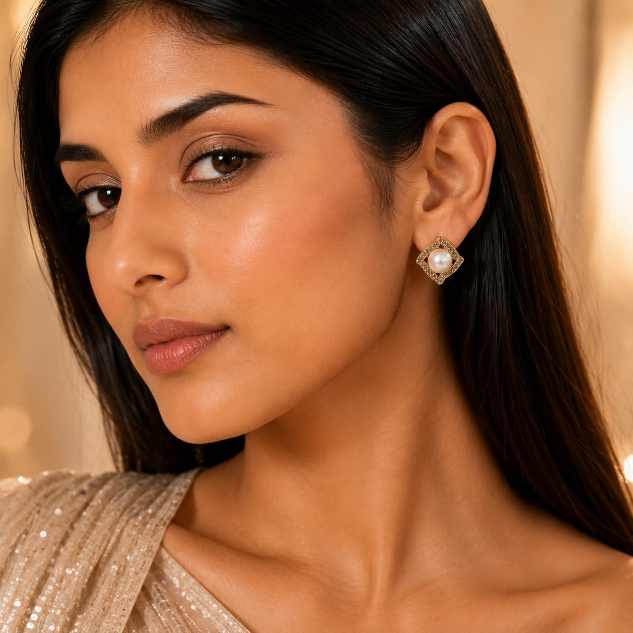 Pearl Geometric Crystal Stud Earrings