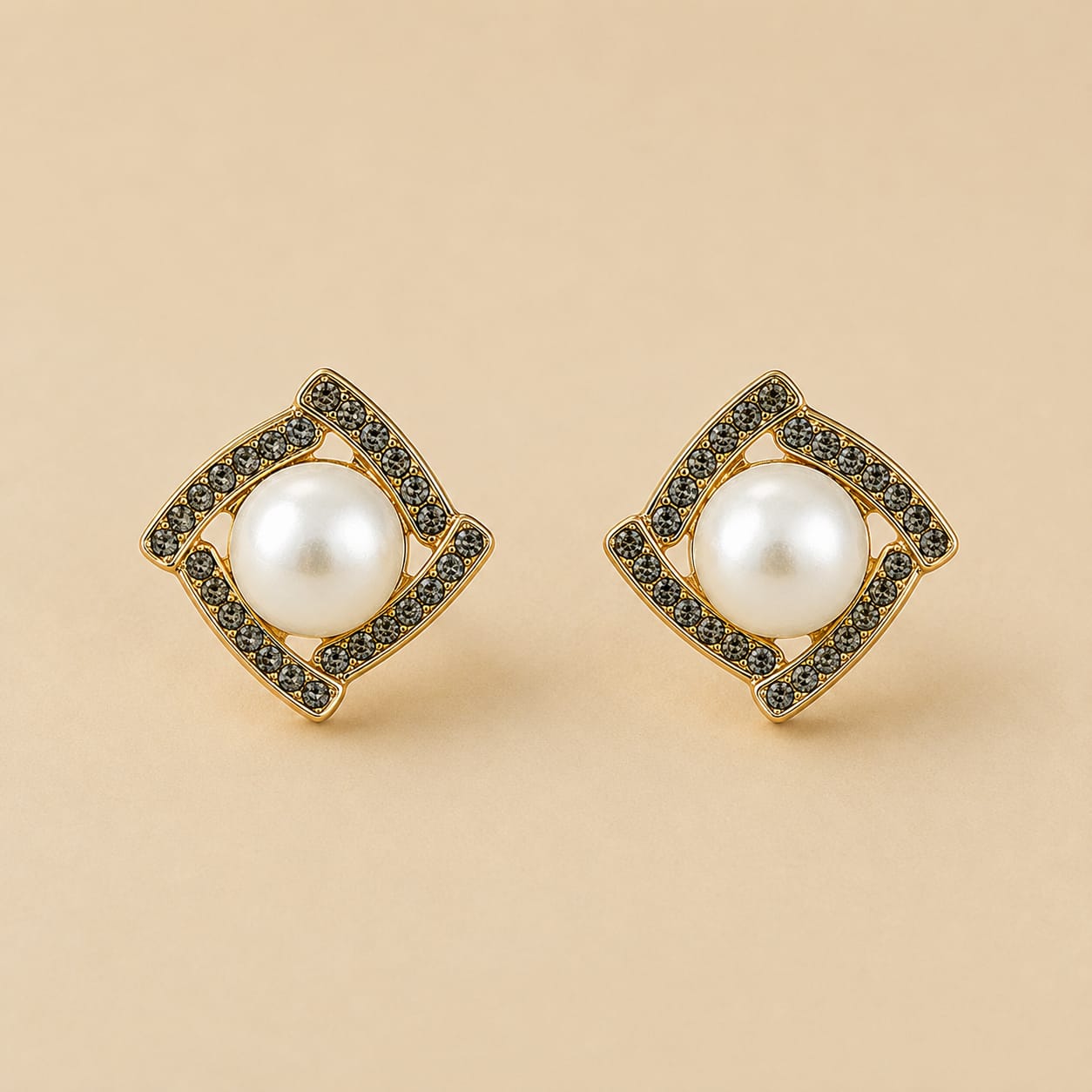 Pearl Geometric Crystal Stud Earrings