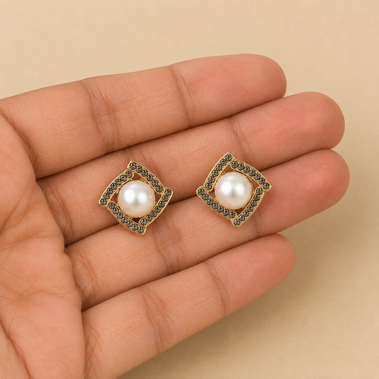 Pearl Geometric Crystal Stud Earrings
