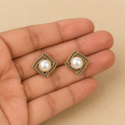 Pearl Geometric Crystal Stud Earrings