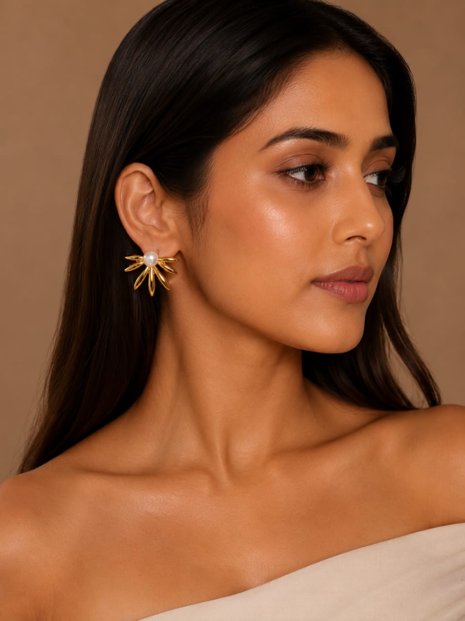 Gold Petal Pearl Stud Earrings