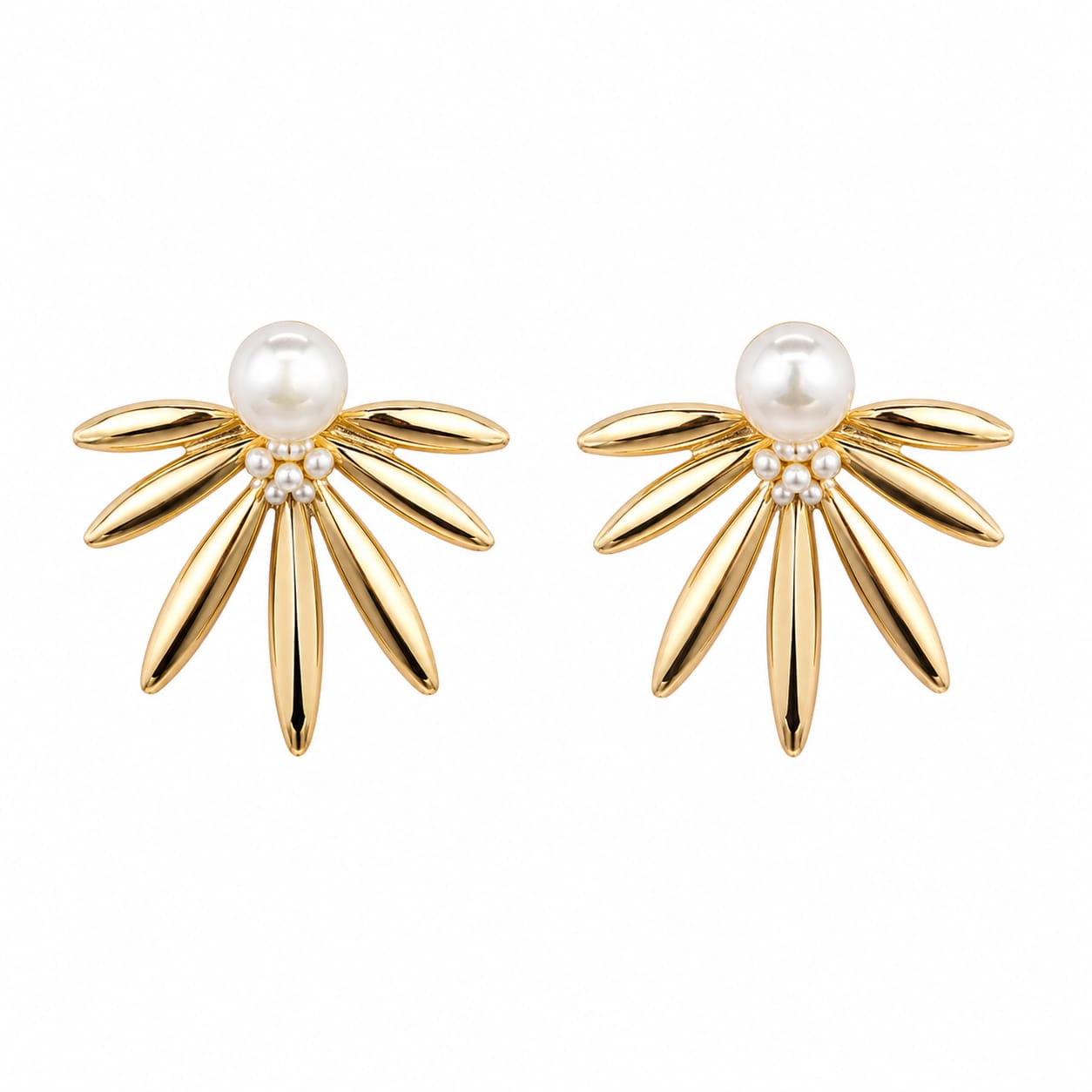 Gold Petal Pearl Stud Earrings