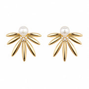 Gold Petal Pearl Stud Earrings