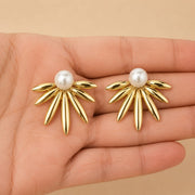 Gold Petal Pearl Stud Earrings