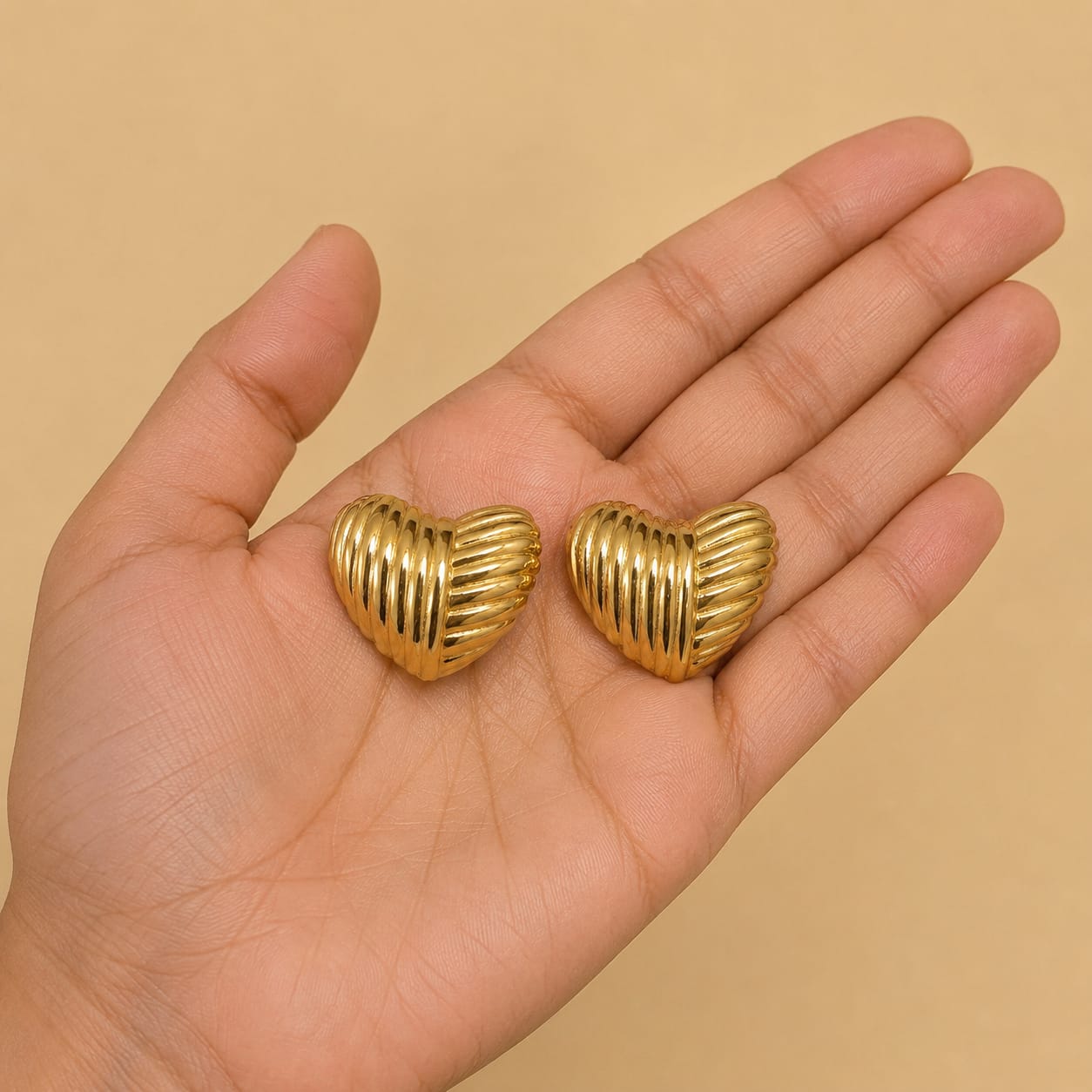 Ribbed Gold Heart Stud Earrings