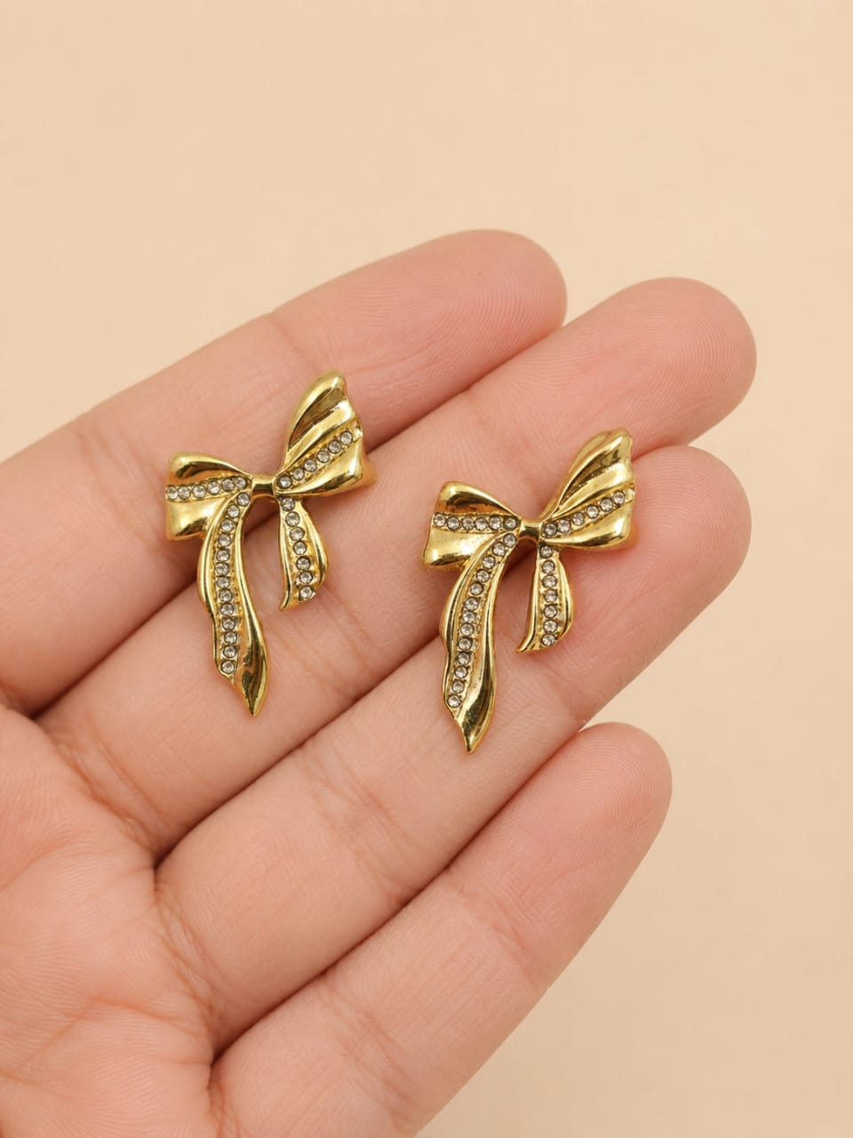 Gold Ribbon Bow Stud Earrings
