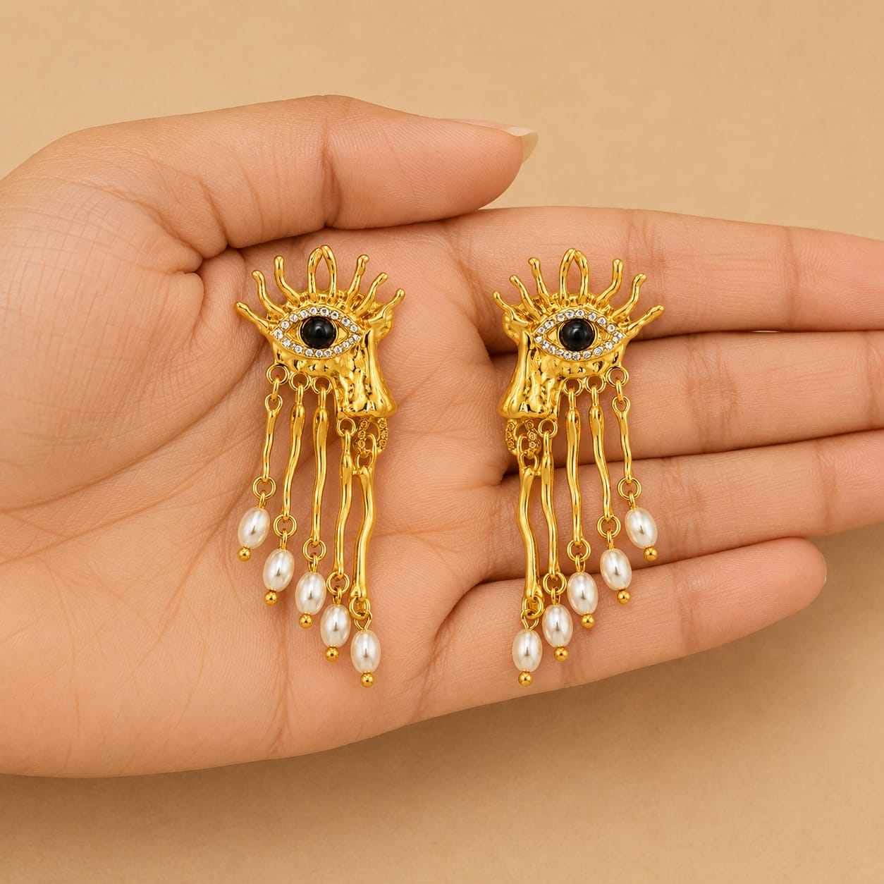 Celestial Evil Eye Pearl Drop Earrings