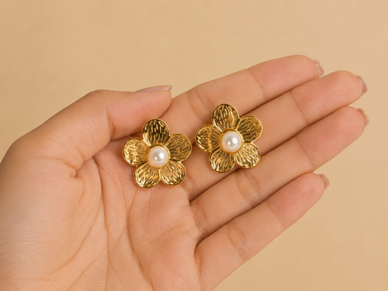 Golden Pearl Bloom Stud Earrings