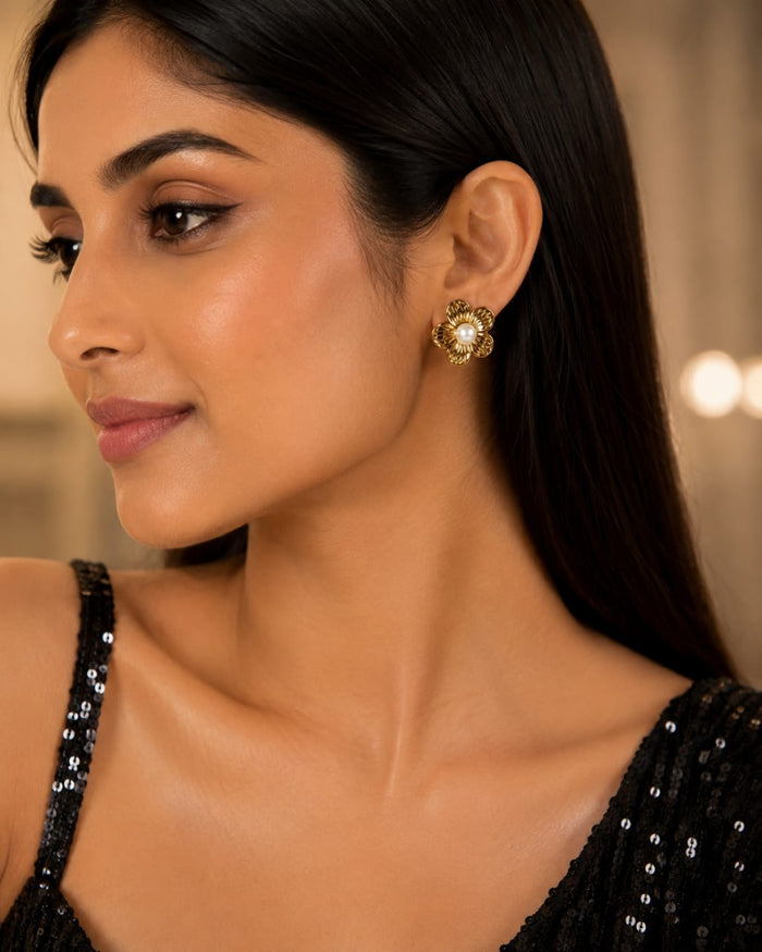 Golden Pearl Bloom Stud Earrings