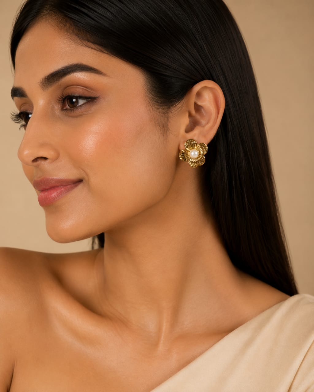 Golden Pearl Bloom Stud Earrings