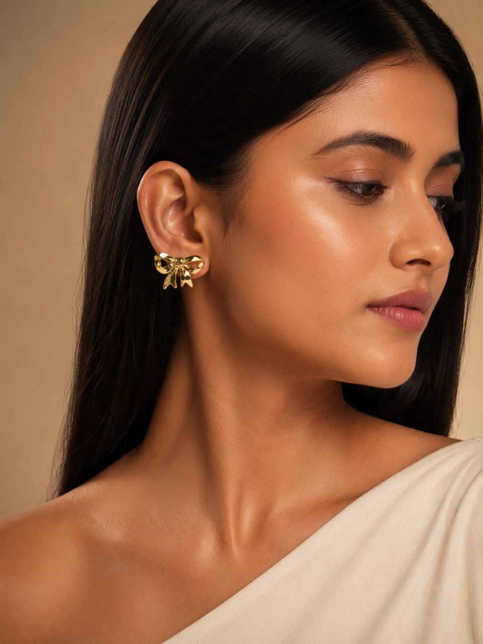 Golden Ribbon Bow Stud Earrings