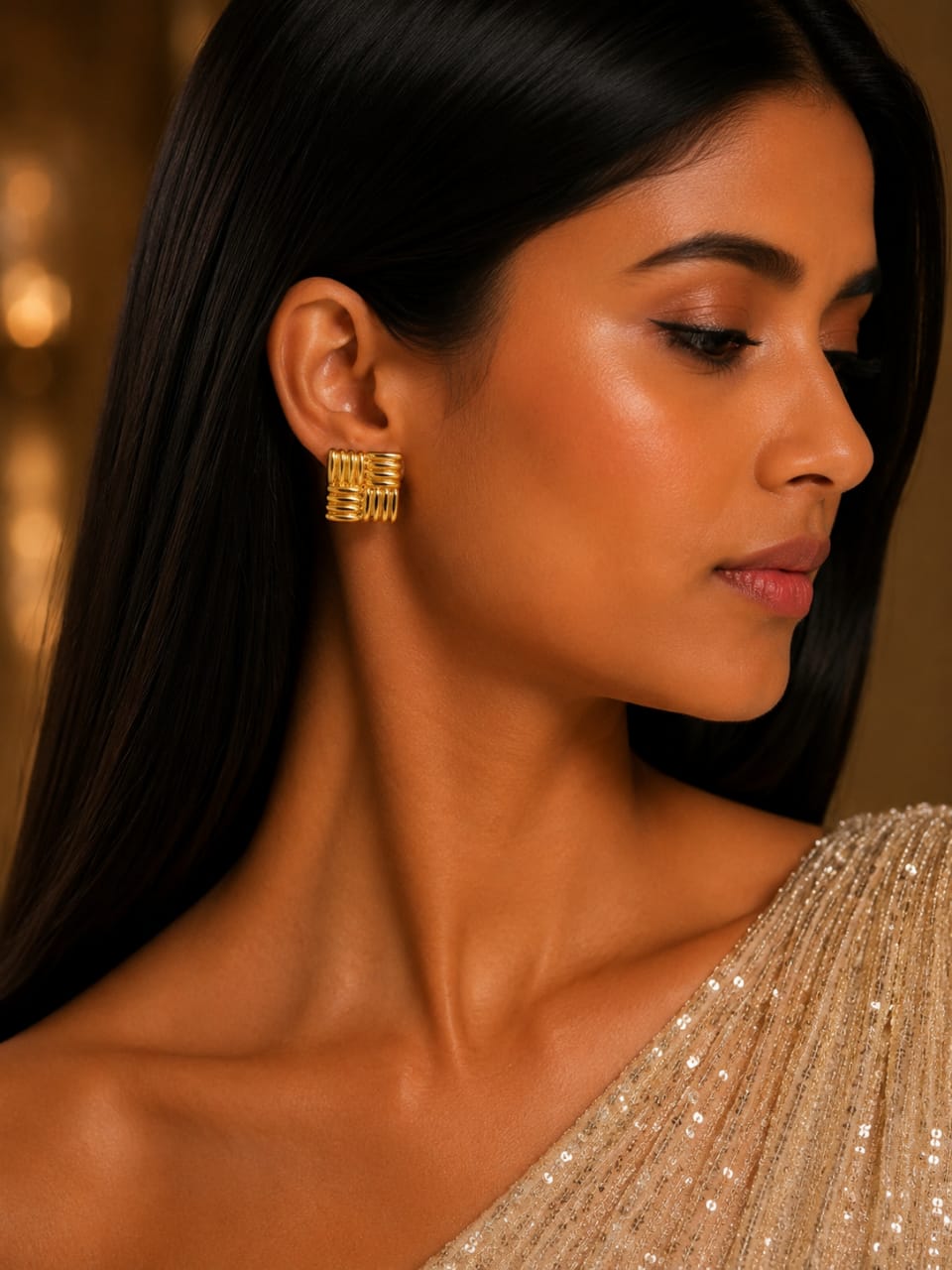 Golden Grid Statement Stud Earrings