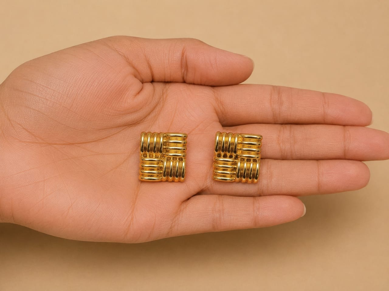 Golden Grid Statement Stud Earrings