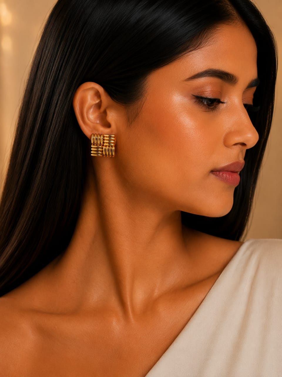 Golden Grid Statement Stud Earrings