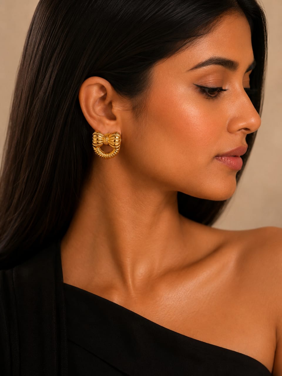 Golden Bow Charm Stud Earrings