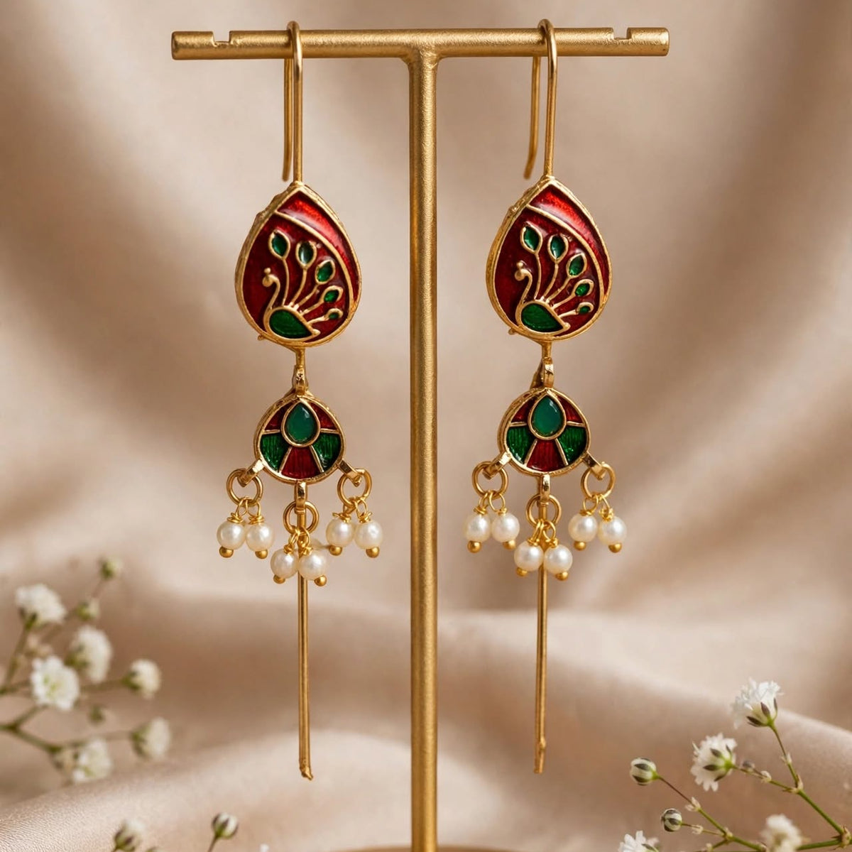 A pair of gold-toned traditional Indian dangle earrings with red and green enamel work and pearl drops, displayed on a gold stand against a beige satin background with small white flowers.