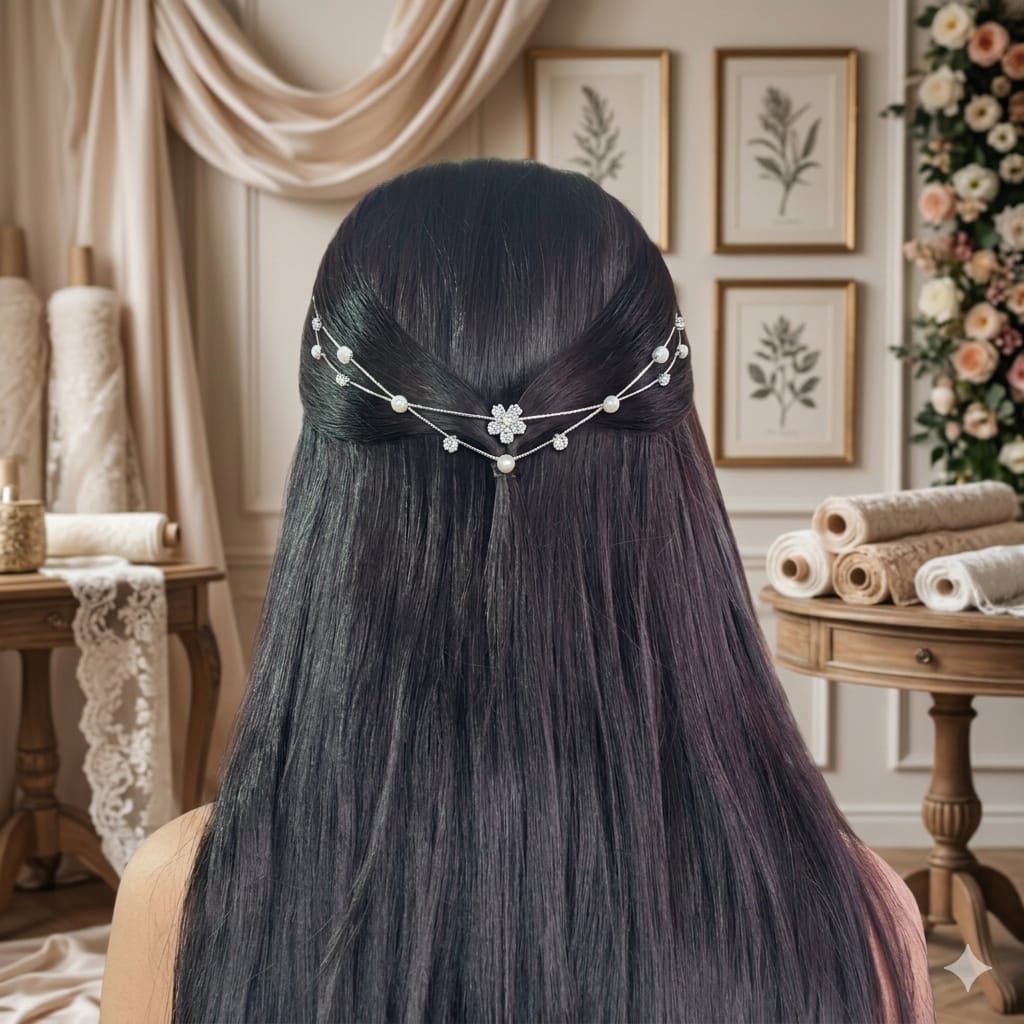 Silver Single flower AD Pearl Hairlet
