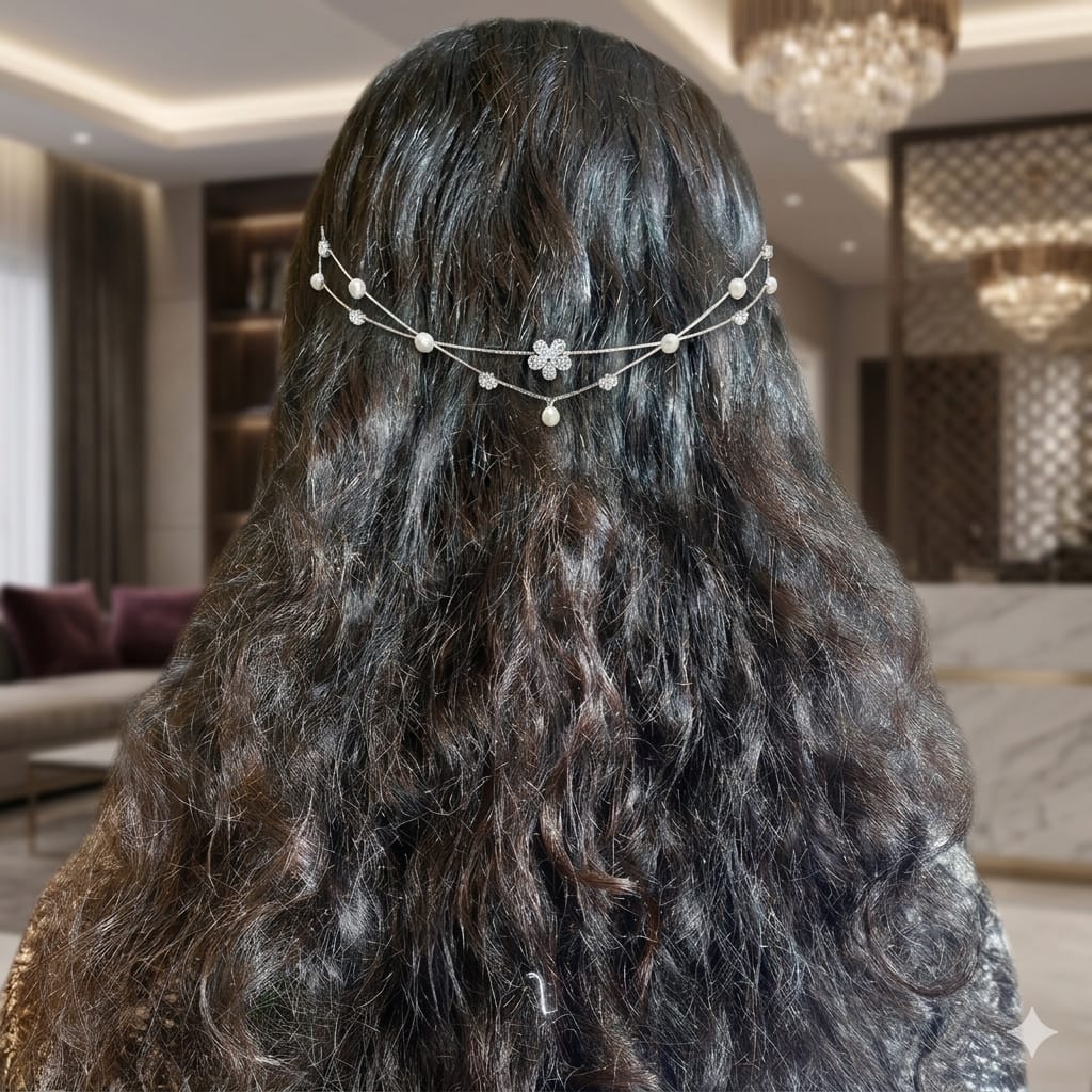 Silver Single flower AD Pearl Hairlet