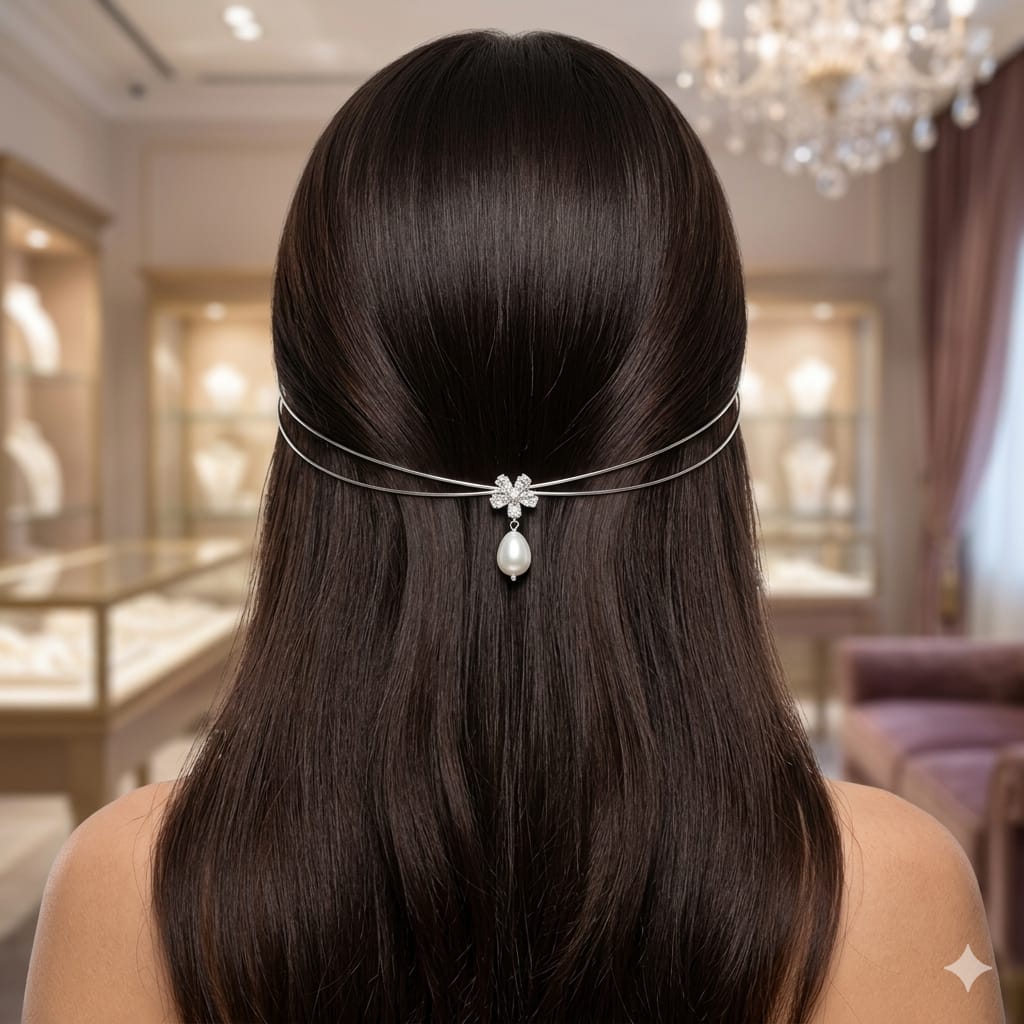 Minimal Single AD Flower with hanging Pearl Hairlet (Silver)