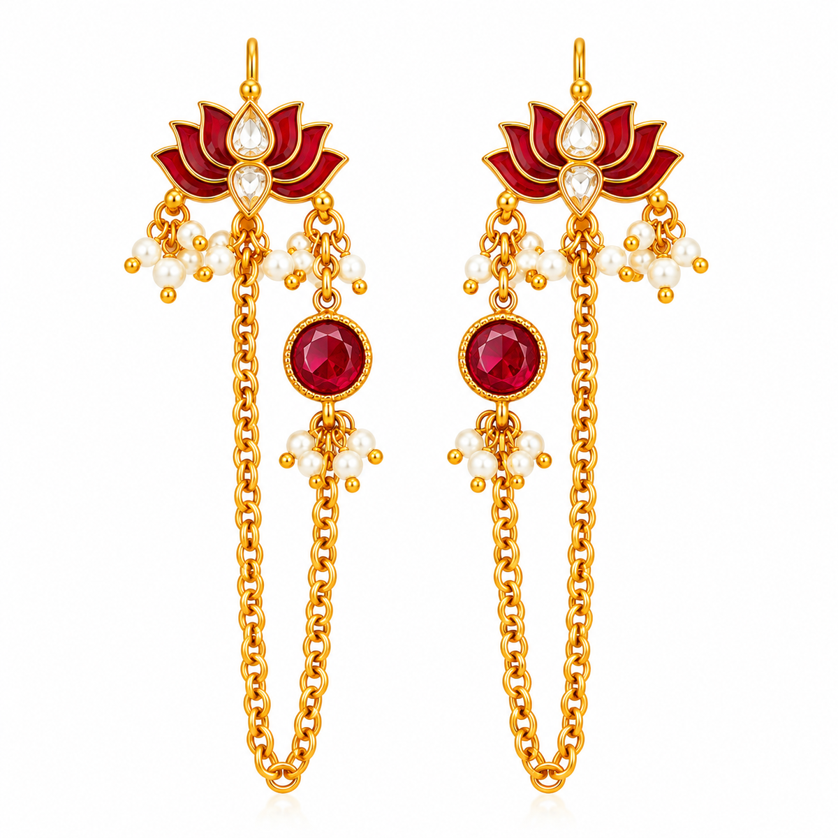 Kamal Rani Red & Green Meenakari Kundan Ear Chain
