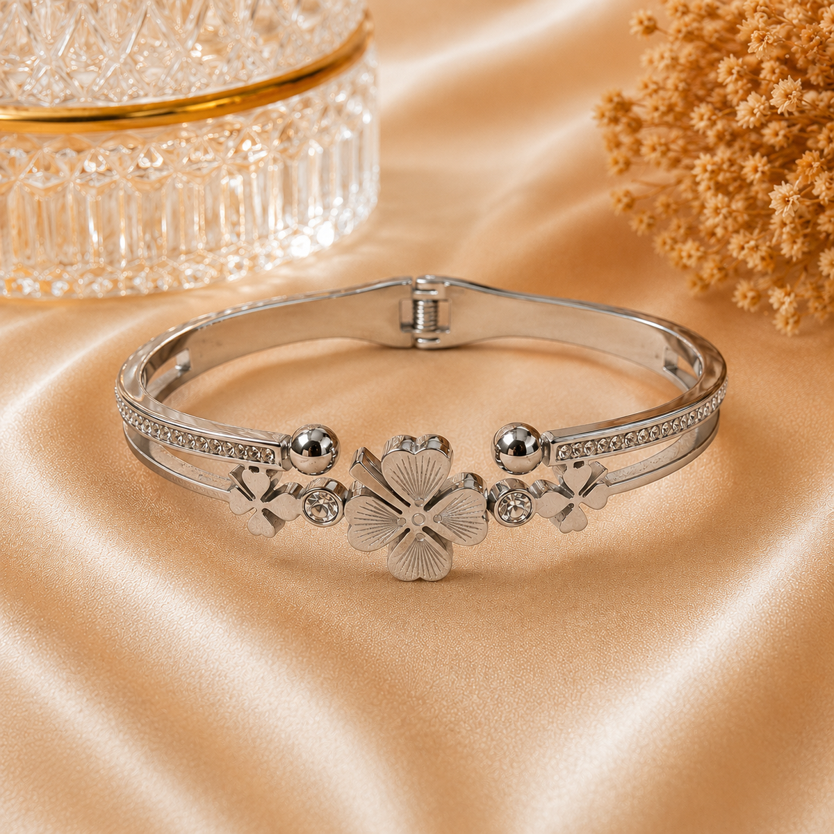 Bloom Crystal Floral Silver Cuff Bracelet