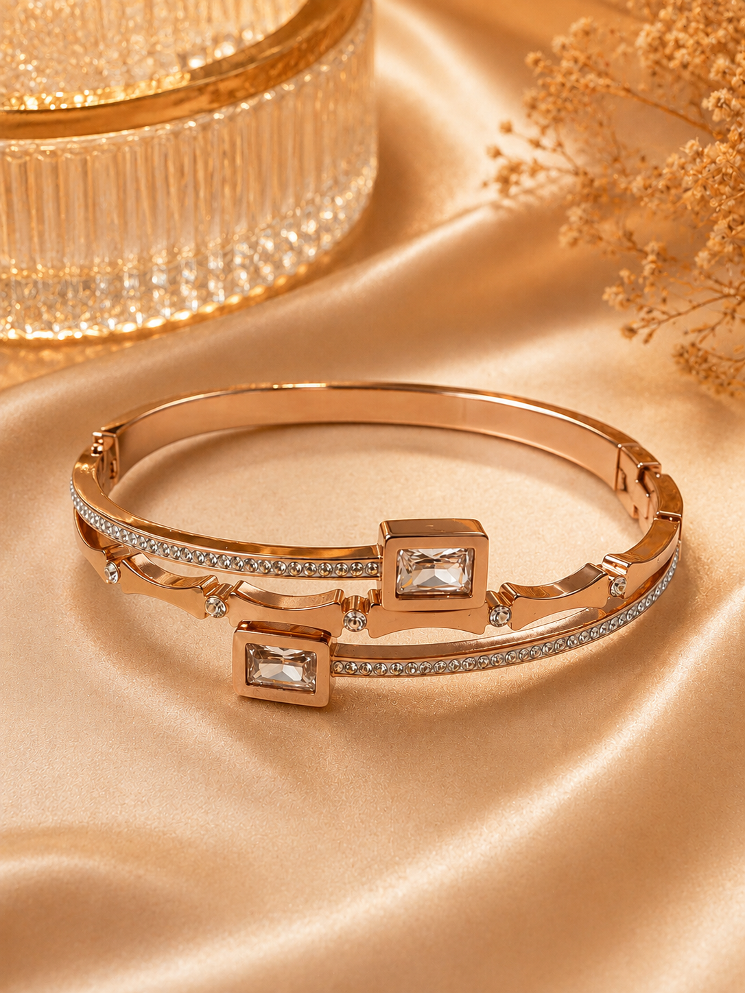 Rose Gold Double Row Crystal Bangle Bracelet