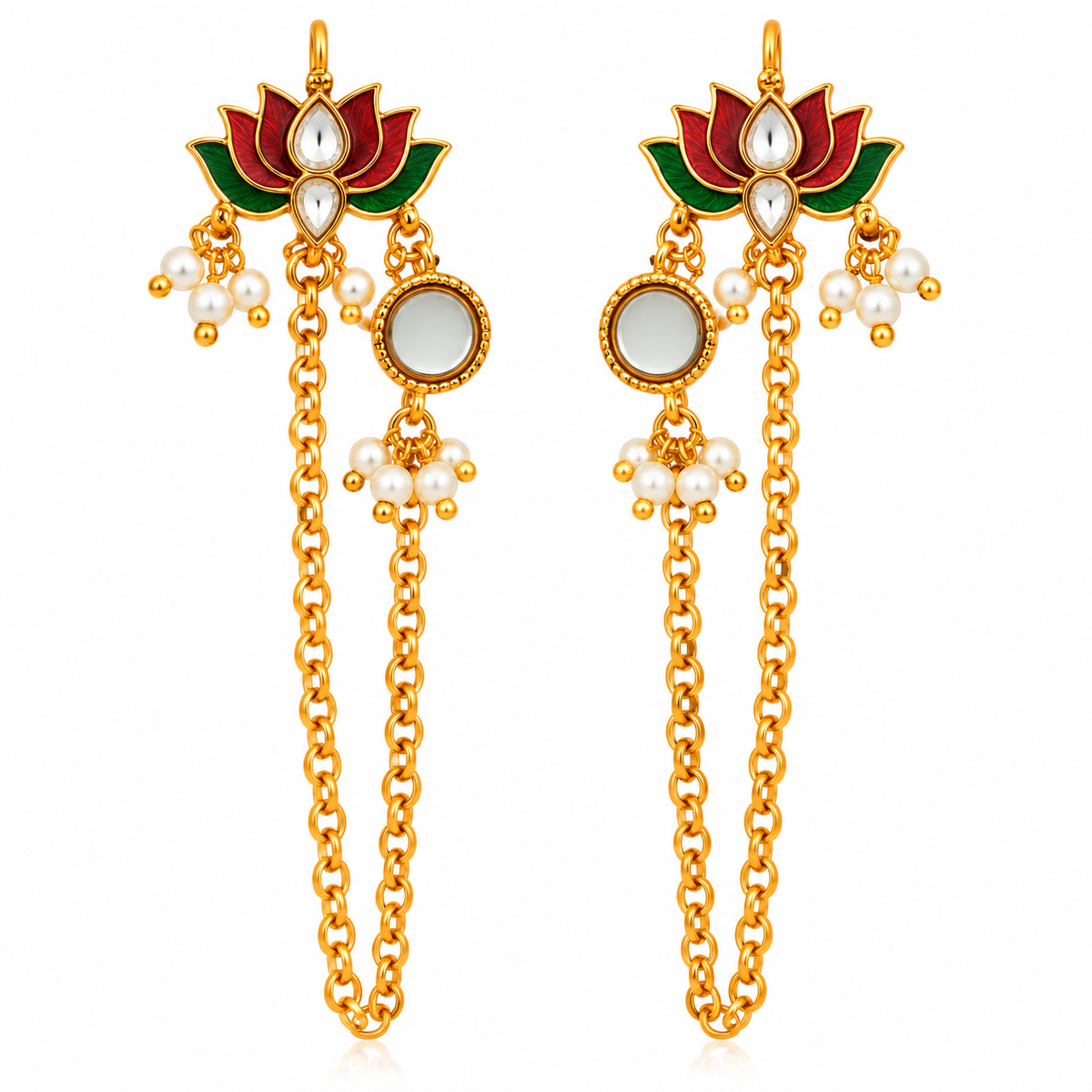 Kamal Rani Red & Green Meenakari Kundan Ear Chain