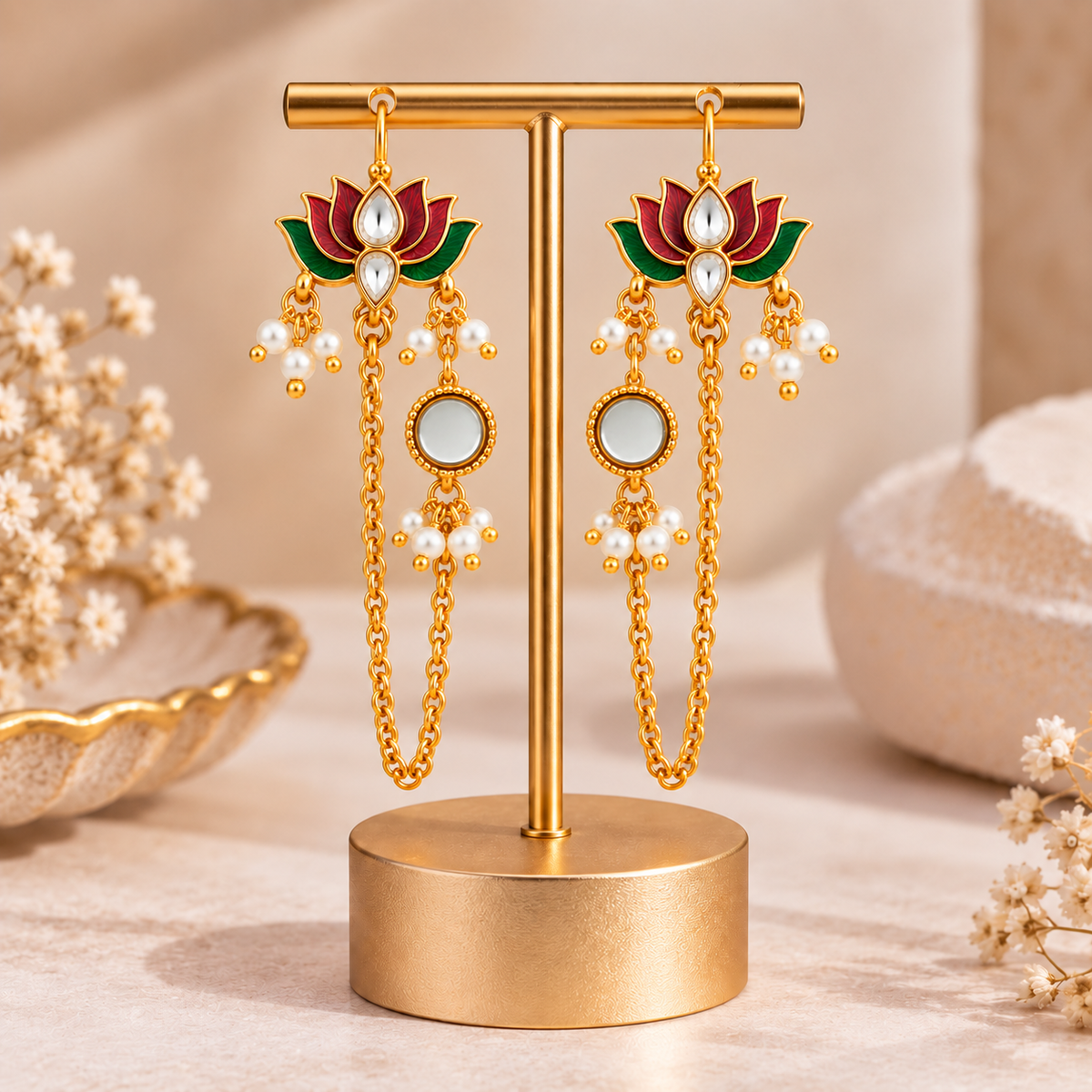 Kamal Rani Red & Green Meenakari Kundan Ear Chain